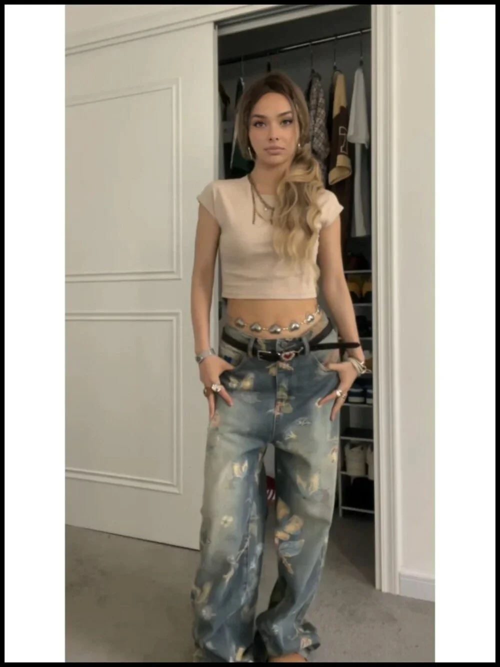 Plant Flower Print Baggy Wide Leg Denim Jeans Y2k Harajuku